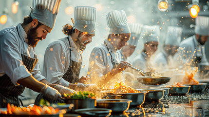 A group of chefs in white chef hats and aprons are cooking in a busy restaurant kitchen, with pans of food sizzling and flames shooting up