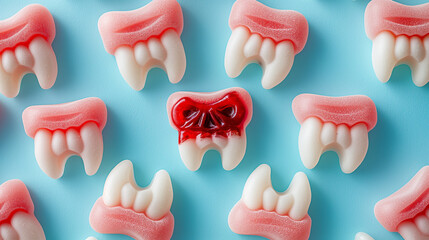 One red gummy tooth standing out from the crowd of white gummy teeth on blue background
