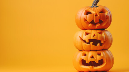 Three spooky halloween pumpkins forming a pyramid on orange background