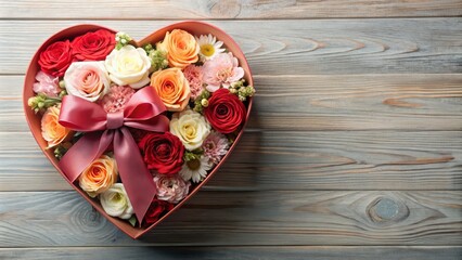 Elegant heart-shaped gift box adorned with fresh flowers, surrounded by empty space for personalized text, perfect for romantic and celebratory occasions.