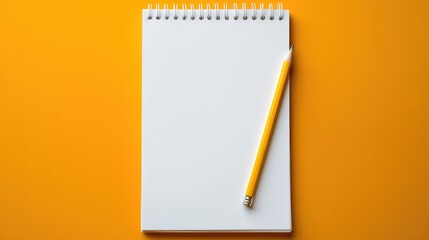 Blank white notepad and pencil on orange desk top aerial view space for writing