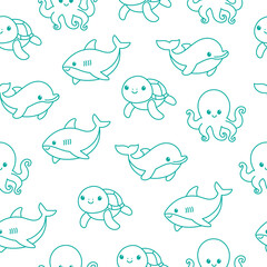 Fototapeta premium Seamless pattern of line art sea animals on white background. Marine life animals. Template for baby shower, print, fabric, greeting cards and invitation. 