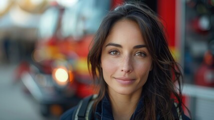 Obraz premium A smiling female firefighter posed in front of a fire truck, portraying a blend of professionalism and approachability, symbolizing hope and community service.