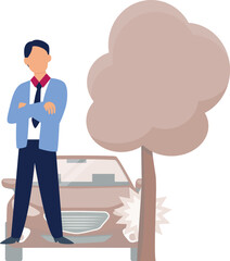 The boy is standing in front of the car.