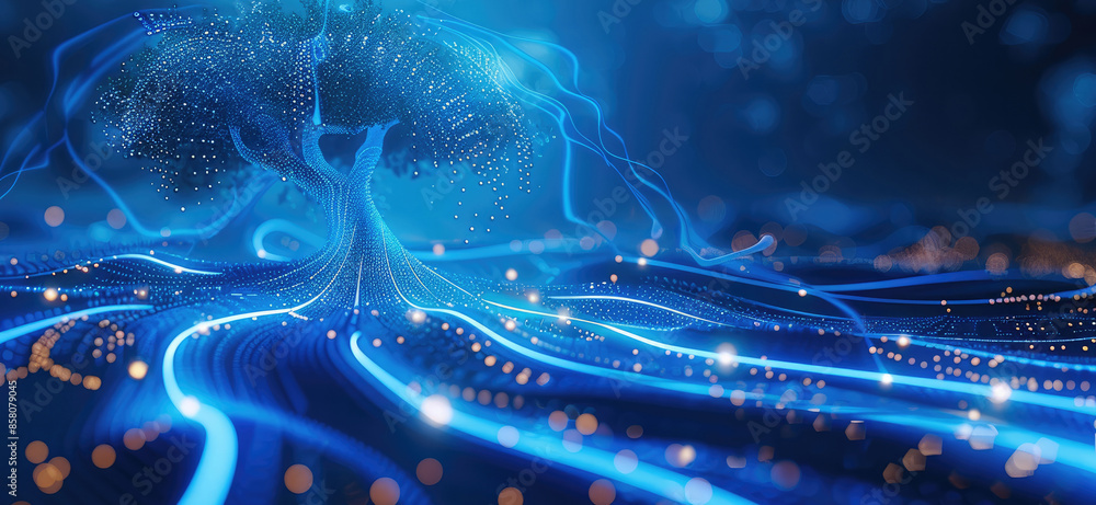 Poster a blue background and glowing light form the shape of an artificial intelligence tree. generative ai