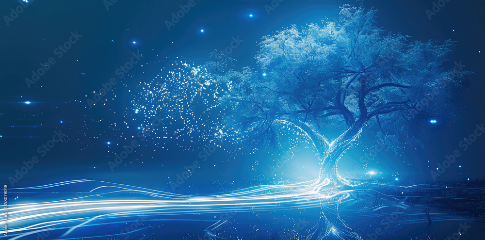 Poster a blue background and glowing light form the shape of an artificial intelligence tree. generative ai