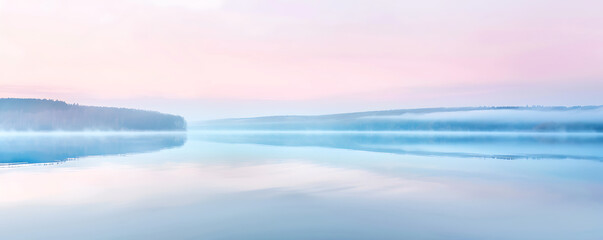 Naklejka premium Majestic lake tranquil sunrise refelction with soft pastel colors.