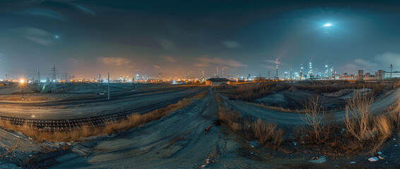 Naklejka premium A 360 panorama of a industrial area at night with distant city lights. Generative AI.