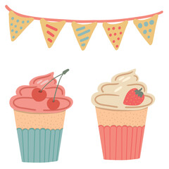 Cupcakes sweets flat design set