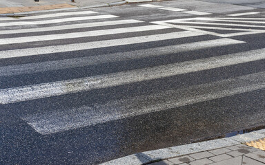 Fototapeta premium Crosswalk on wet asphalt in sunny weather