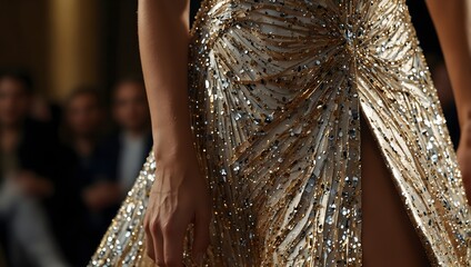 About a glamorous evening gown shimmering with silver and gold glitter  ai_generated