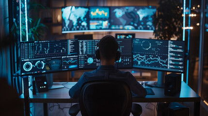 AI security professional at their desk, surrounded by multiple screens displaying real time data and cyber tactical information