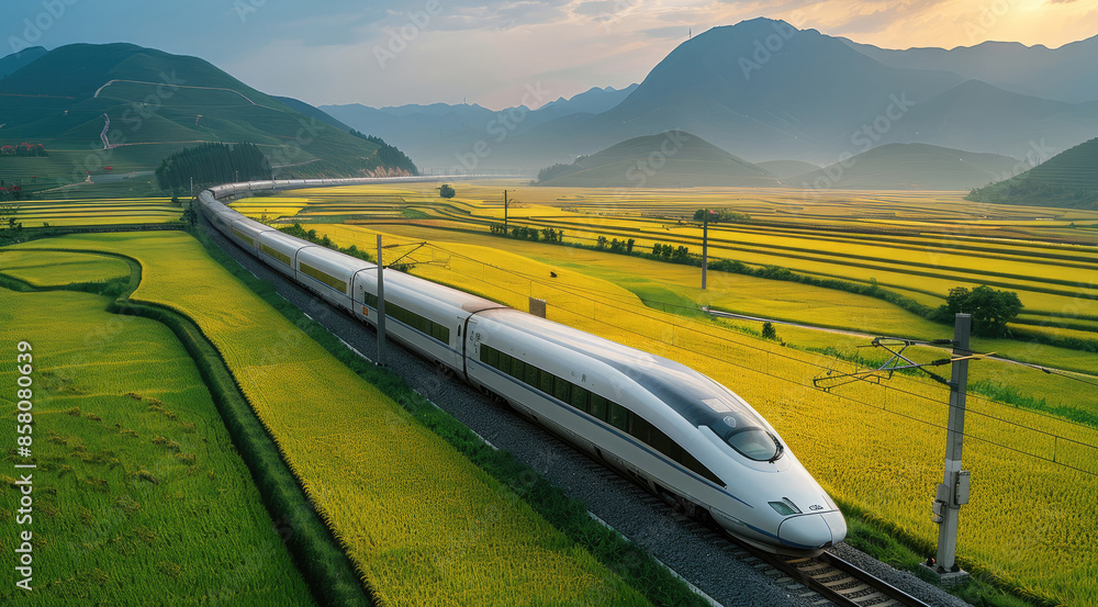Poster high-speed train passing through rice fields in southern china. aerial high view. generative ai.
