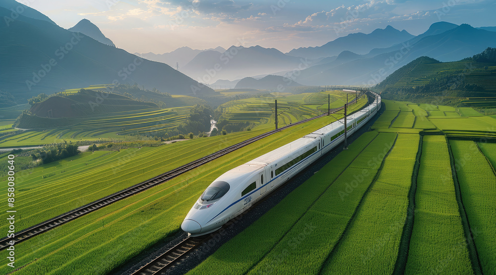 Poster high-speed train passing through rice fields in southern china. aerial high view. generative ai.