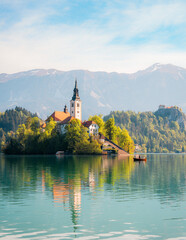 church in the lake, bled lake, bled island, view on bled, spring, cloudy sky