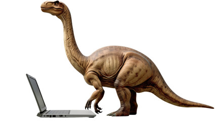 Fototapeta premium Photograph of a brontosaurus attending an online lecture on a laptop, with a transparent background.