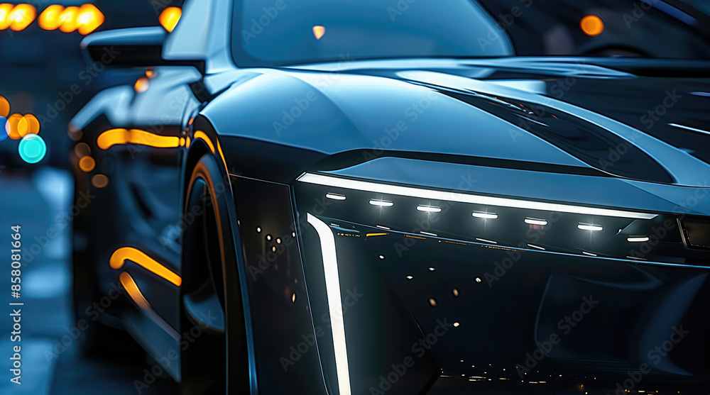 Poster Close up of the front end headlights of an electric car. The headlight is large and simple with no shading. There is a thin LED strip above it that forms into its edges. Close-up shot. Generative AI.