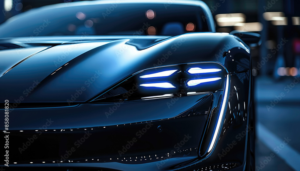 Poster Close up of the front end headlights of an electric car. The headlight is large and simple with no shading. There is a thin LED strip above it that forms into its edges. Close-up shot. Generative AI.
