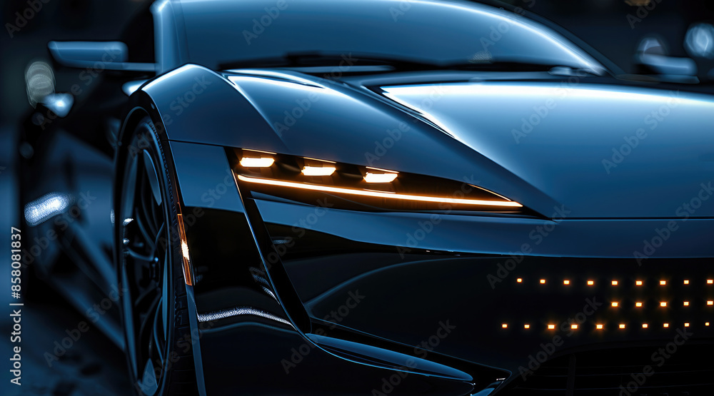 Poster Close up of the front end headlights of an electric car. The headlight is large and simple with no shading. There is a thin LED strip above it that forms into its edges. Close-up shot. Generative AI.