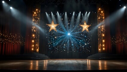 The feeling of excitement and anticipation as stage curtains slowly part to reveal a glittering, star-studded set ai_generated