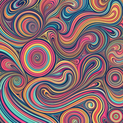 Vector illustration with psychedelic 1960s-inspired patterns: Swirling abstract designs in neon and pastel colors. Ideal for retro art and vintage-themed projects.