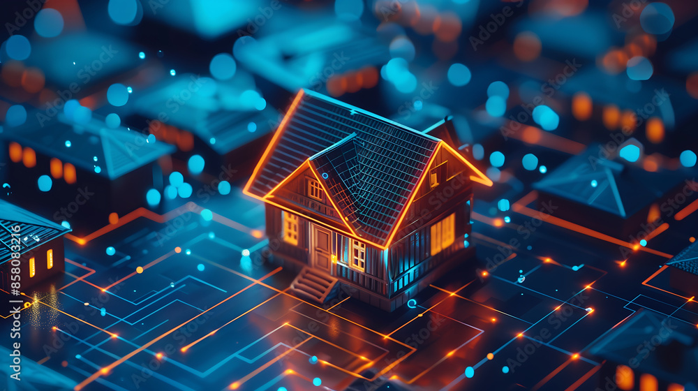Aufkleber house surrounded glowing digital circuit patterns, symbolizing the integration of smart home technol