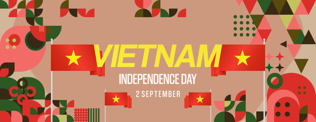 Vietnam Independence Day banner in modern geometric style. Wide banner for celebration day with flags and typography. National holiday celebration backgrounds. Happy Vietnam Independence Day