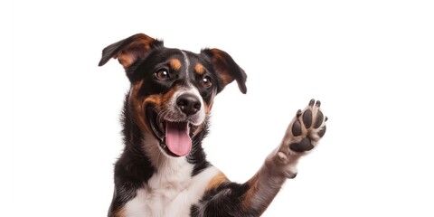 Fototapeta premium happy dog giving a high five isolated on white, with copy space area