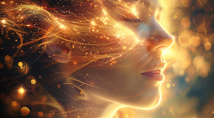 Life essence is encapsulated in the cosmic power of love, a force that binds the universe together. In this striking image, a celestial being radiates, ethereal glow. face woman. Generative AI.
