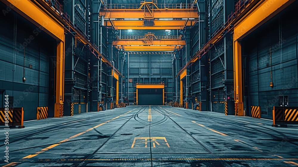Aufkleber A factory area, with 4-story factories on both sides, dark gray in color. The width between the two factories is 10 meters, and there is an open warehouse gate on the opposite side. Generative AI.