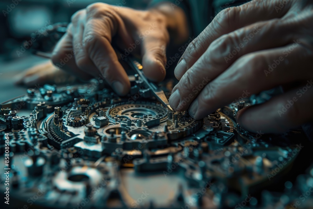 Poster close up of professional mechanic hand fixing and repairing machine while holding iron cog. attracti