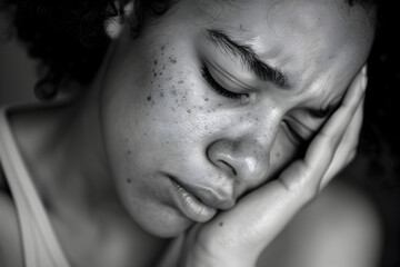 Fototapeta premium A woman resting her head on her hand, tears visible.