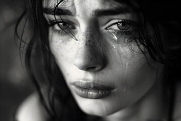 Fototapeta premium A woman with tear-streaked makeup, looking somber.