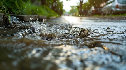 Fototapeta premium Flood after the rain is flowing down the drain on the road