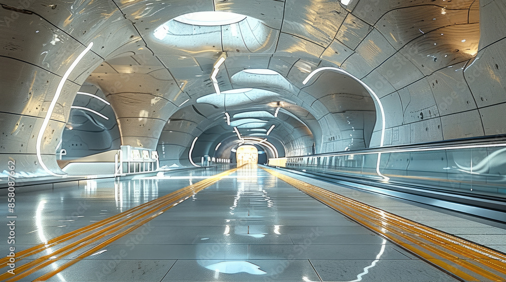 Poster interior perspective view of a platform in a metro station. modern. generative ai.