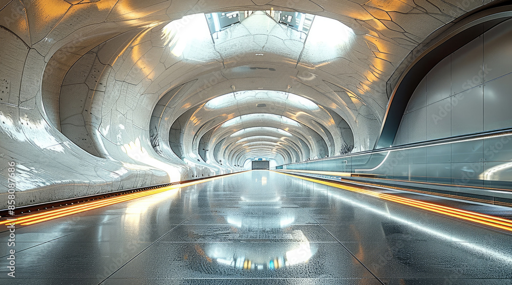 Poster interior perspective view of a platform in a metro station. modern. generative ai.