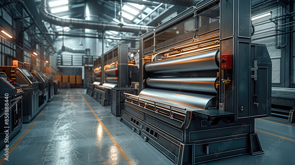 Poster a printing press in a modern technologically advance tech building. use a color scheme of black, whi