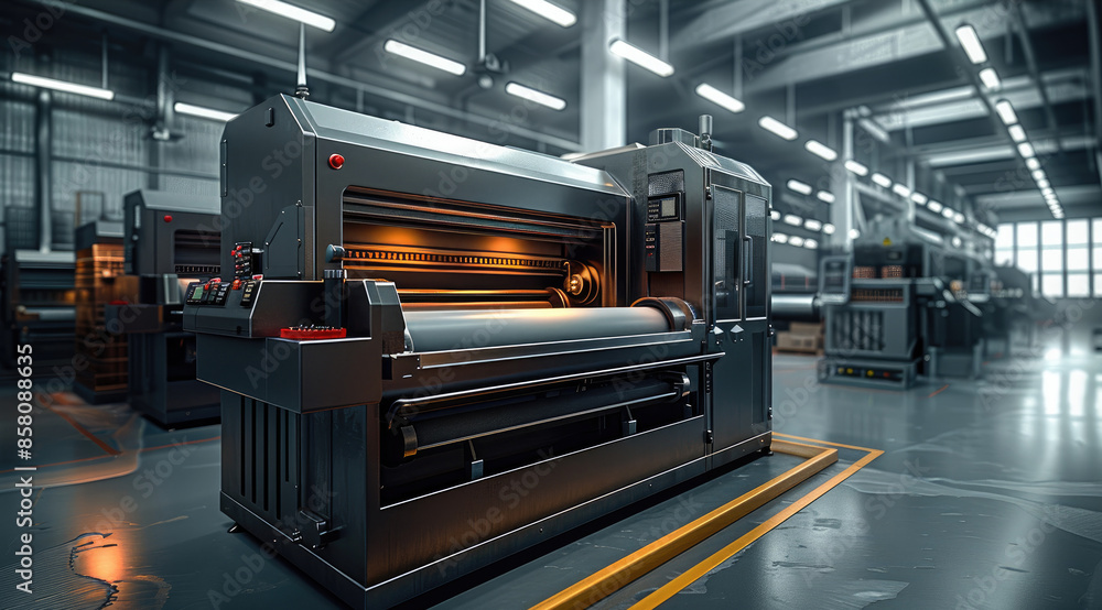 Aufkleber a printing press in a modern technologically advance tech building. use a color scheme of black, whi