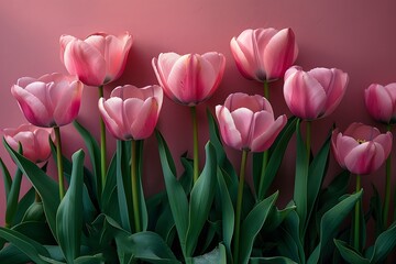 Fototapeta premium Elegant Pink Tulips Blooms Against Soft Coral Wall - Perfect for Posters and Print Designs