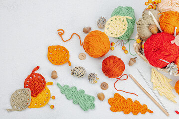 Set of clew of thread for knitting. Crocheted different leaves, handmade, autumn hobby concept