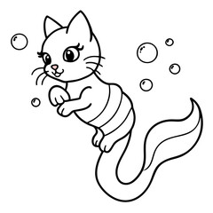 Cat Mermaid Coloring Page Isolated for Kids