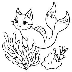 Cat Mermaid Coloring Page Isolated for Kids