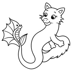 Cat Mermaid Coloring Page Isolated for Kids
