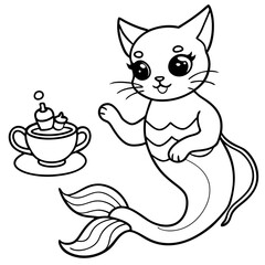 Cat Mermaid Coloring Page Isolated for Kids