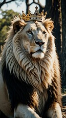 Obraz premium A majestic lion with a thick mane sits regally in a forest. Wearing an ornate golden crown adorned with jewels, 