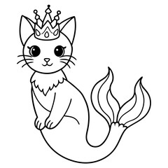 Cat Mermaid Coloring Page Isolated for Kids