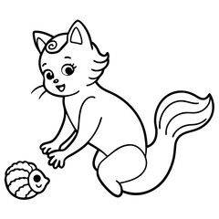 Cat Mermaid Coloring Page Isolated for Kids