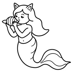 Cat Mermaid Coloring Page Isolated for Kids