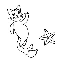 Cat Mermaid Coloring Page Isolated for Kids