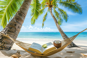 Relaxing in a Hammock with a Book and Coconut Drink under Palm Trees on a Tropical Beach